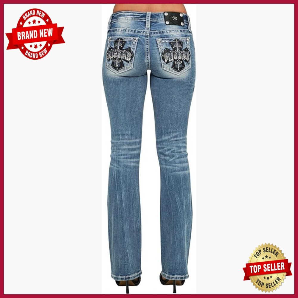 Mid Rise Bootcut Jeans With Embellished Pockets, Stretch Denim